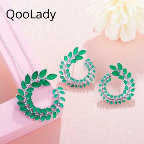 QooLady Fashion Marquise Cut Green Cubic Zirconia Austrian Crystal Leaf Women Pendant Necklaces and Earrings Jewelry Set Z005