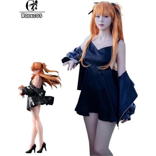 ROLECOS EVA Asuka Soryu Langley Cosplay Costume Sexy Black Women Dress with Coat for Women Halloween Costume