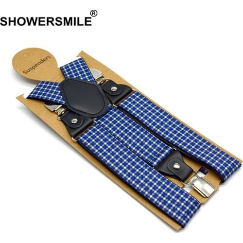 SHOWERSMILE Mens Trousers Belt With Leather Blue Plaid Business Suspenders Wide Adjustable Elasitic Braces 3 Clips Y Back Straps
