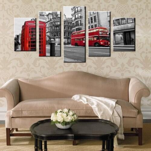 Modern HD Printed Wall Art Unframed Canvas Pictures 5 Pieces London Street Scene Red Bus UK City Vintage Buildings Painting