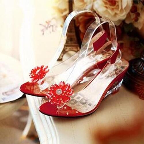 2020 New Wedges Sandals Women Summer Sweet Flowers Transparent Open Toe Heels Sandals Fishmouth Red Sandals Hot Sell Shoes