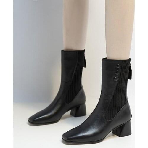 2021 Women Ankle Boots PU Leather Shoes Autumn Winter Zipper Low Heels Fashion Square Toe New Woman Footwear Female Botas