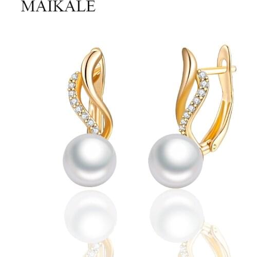 MAIKALE Delicate Two color Big Pearl Earrings Micro Inlay Cubic Zirconia Stud Earrings for Women Jewelry Trendy Gifts Brincos