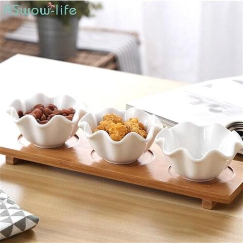 3PCS/Set Creative Ceramic Sauce Dish Bamboo Cushion Household Dipping Dish Soy Salt Sugar Sauce Seasoning Organizer Spice Jars