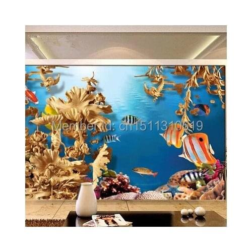 Free shipping custom stereo 3D woodcarving mural wallpaper video wall background wall TV wall wallpaper underwater world