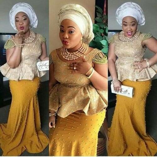 Africa Evening Dresses Mermaid robe de soiree Peplum Plus Size Formal Gowns Dubai Arabic Luxury Bead Lace Gold Evening Dress