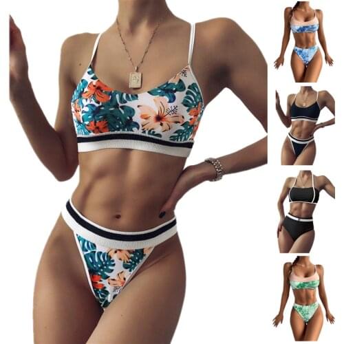 Bikini 2021 New High Waist Swimsuit Women Sexy Striped Solid Push Up Swimwear Bandage Two Pieces Bathing Suits Biquinis Feminino