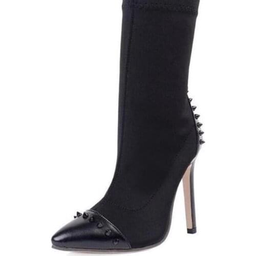 Women Ankle Boots Stretch Fabric Pointed Toe High Heels Sexy Rivets Stiletto Pumps Black Sock Bootie Shoes Woman Manufacturer