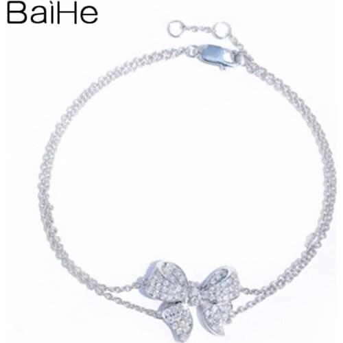 BAIHE Solid 18K White Gold 0.47ct H/SI Round Natural Diamonds браслеты for Women Trendy Fine Jewelry bowknot Bracelet браслет