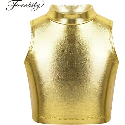 Kids Teens Ballet Gymnastics Crop Tops Turtleneck Metallic Tanks Bra Tops Children Girls Jazz Stage Performance Dance Costume