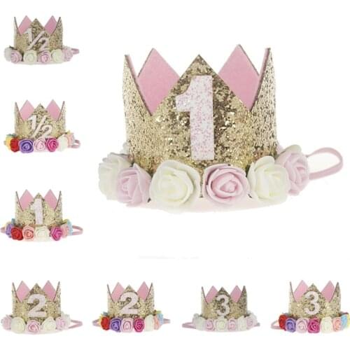 Artificial Delicate Mini Felt Glitter Crown with Flower Headband For Birthday Party DIY Garments Hair Decorative Accessories