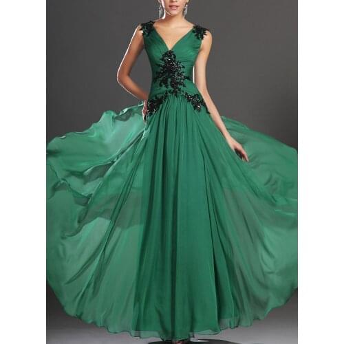 Emerald Green V Neck V Back Beaded Applique Ruched Chiffon Bridesamid Dress Party Dress