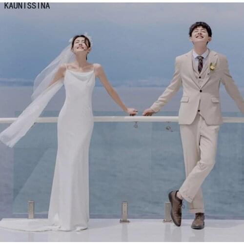 KAUNISSINA Satin Wedding Dress Vestidos De Novia Spaghetti Straps Sexy Bridal Gown Elegant Backless Sweep Train Wedding Gowns