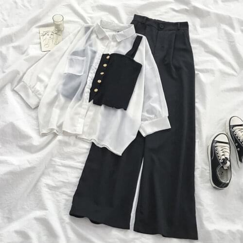 Spring and summer suit women Korean loose cardigan sun protection clothing temperament suspender suit wide-leg pants tops y2k