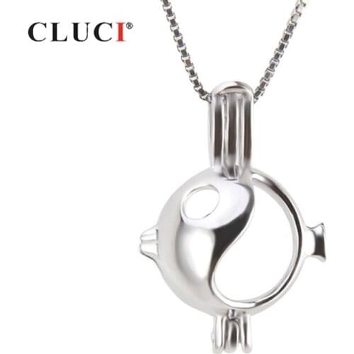 CLUCI 925 Sterling Silver Pendant Chubby Fish Necklace Finding Lovely Animal Charm Pendant Wish Pearl Locket SC293SB