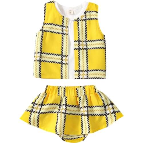 Summer Baby Girls Cute Clothes Sets 0-24M Plaid Printed Sleeveless Coat+Solid Vest+Ruffles Shorts