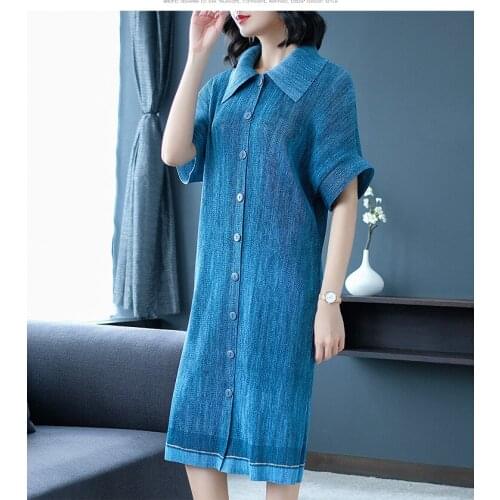HOT SELLING Miyake fashion fold turn-down collar knee sleeve vintage print dress IN STOCK