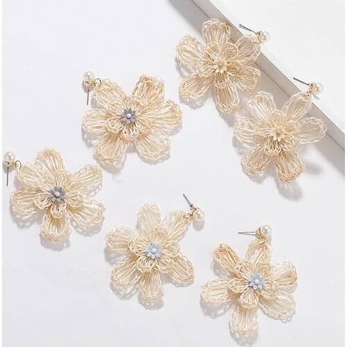 Lifefontier Handmade Rattan Knit Weave Drop Earrings for Women Braid Flower Dangle Earrings Korean Fashion Jewelry Girls Gifts