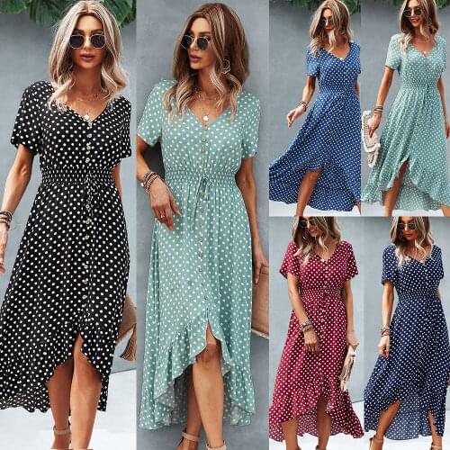 Fashion Women Boho Short Sleeve Polka Dot Summer Dress Elegant Long Dresses Female Casual Single-Breasted Sexy Beach Sundress