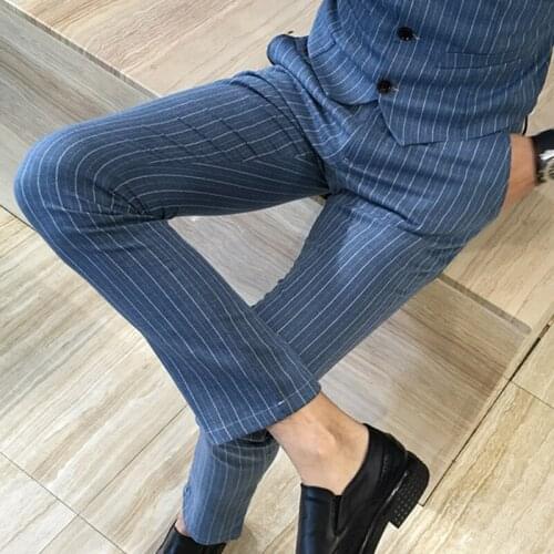 2019 New Mens Designer Cotton Fashions Stripe Formal Wedding Dress Suit Pants Man Stripe Business Casual Pants Trousers Male