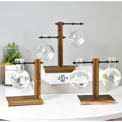 Table Desk Bulb Glass Hydroponic Vase Flower Plant Pot with Wooden Tray Office Decor WXV Sale
