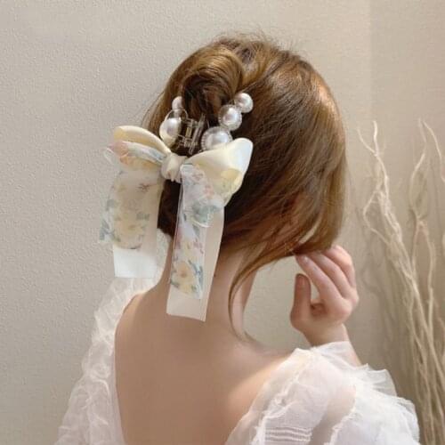 2021 New Bow Silk Scarf Ribbon Pearl Catch Clip Top Clip Side Clip Fashion High Ponytail Hair Clip Anti-dropping Jewelry Wash Fa