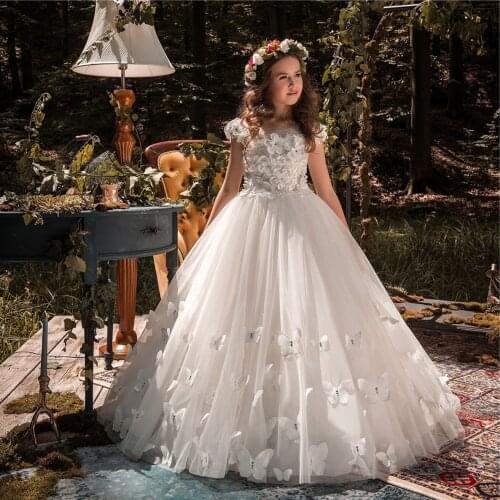 New Kids Pageant Evening Gowns 2021 Lace Ball Gown Flower Girl Dresses For Weddings First Communion Dresses For Girls Primera