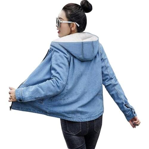 Autumn Winter Hooded Jean Jacket for Women Casual Blue Fashionable Women Coats Slim Warm Female outwear Denim Feminine