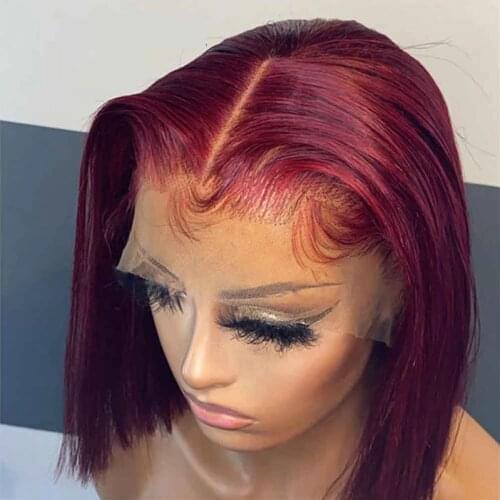 Remy Wine Red Silky Straihgt Transparent Lace Front Human Hair Wigs Middle Ratio Preplucked Bleached Knots With Baby Hair