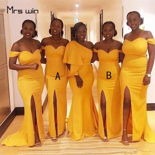 Mrs win Bridesmaid Dress For Girls Boat Neck Yellow Wedding Party Dresses Plus Size Long Mermaid Split Vestido Madrinha HR137