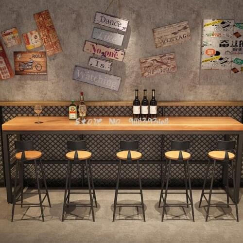 Nordic solid wood long table coffee shop bar counter by the wall high stool bar table wrought iron restaurant bar table and chai