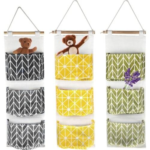 3 Pockets Cotton Linen Wall Hanging Organizer Storage Bags Door Pouch Bedroom Home Storage Pocket Home Decor Hanging Bag