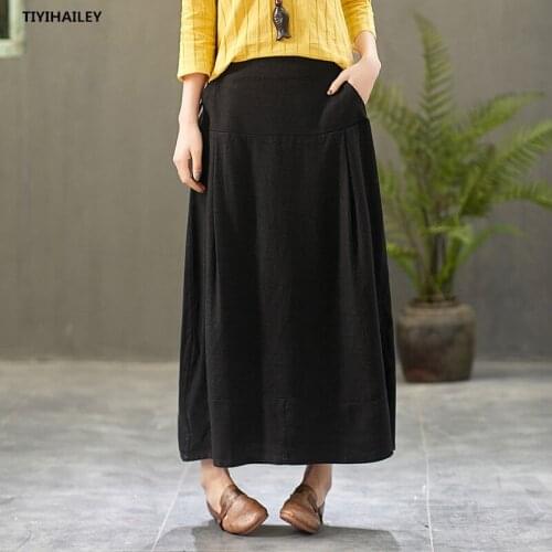 TIYIHAILEY Free Shipping 2021 New Long Maxi Bud Elastic High Waist Women Cotton Linen Skirts Spring Summer Black Blue