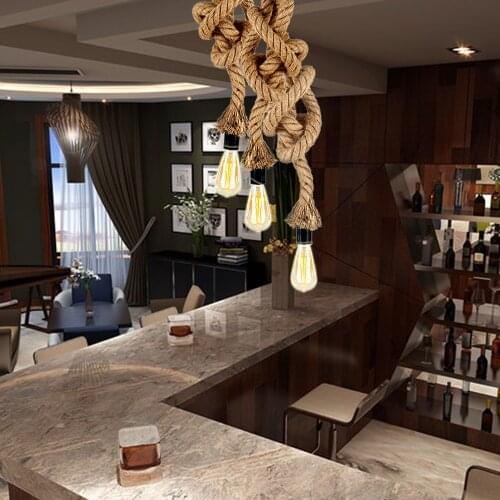 Triple E27 Holders 3 Heads Hemp Rope Light Ceiling Lamp Personality Industrial Vintage Retro Country Style Cafe Bar Home