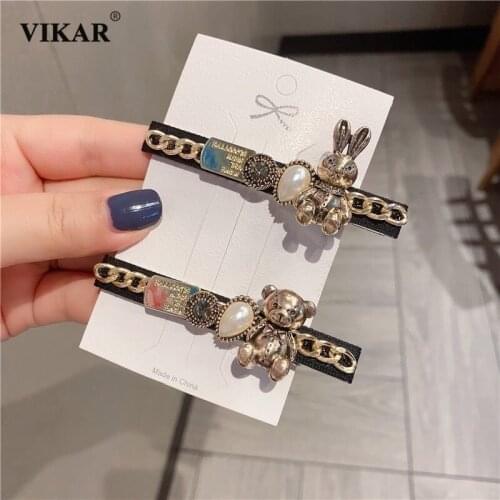 Ins Women Vintage Rhinestone Hairpins Girls Kids Bear Rabbit Hair Ornament Hair Clips Barrette Fashion Hair Accessories Headwear