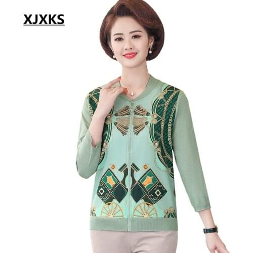 XJXKS Knitted Cardigans Spring Autumn Cardigan Women Casual Long Sleeve Tops Zipper Print Women Sweater Coat 9 Point Sleeve