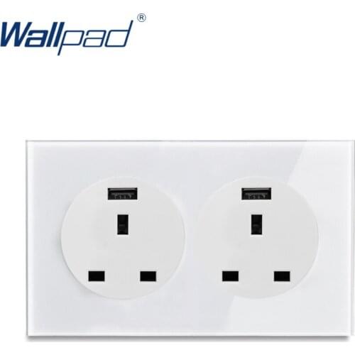 Wallpad L6 Double 13A UK Wall Socket 2x2.1A USB Charger 3x6 Type White Tempered Glass Panel