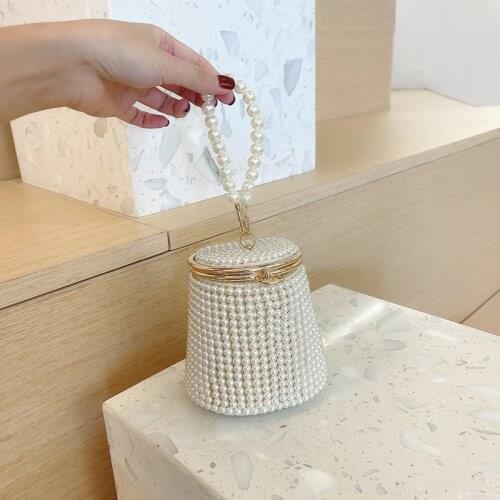 Ladies Luxury Fashion Rhinestone Pearl Party Dinner Hand Bag Bucket Shaped Mini Lock Wedding Dress Dating Lipstick Wallet Purses