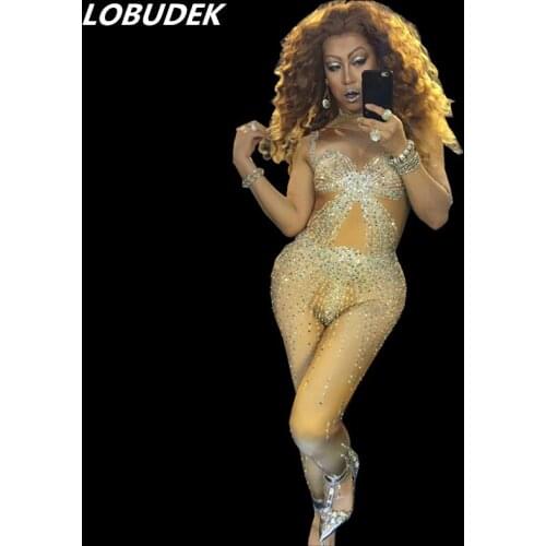Bright crystals Female costumes sexy Jumpsuits stone star performance Zentai show Leotard Singer Dance Nightclub star