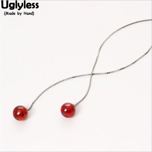 Uglyless 100% Real 925 Sterling Silver Long Chains Earrings for Women Garnet Ball Earrings Summer Dress HOT Red Brincos Bijoux
