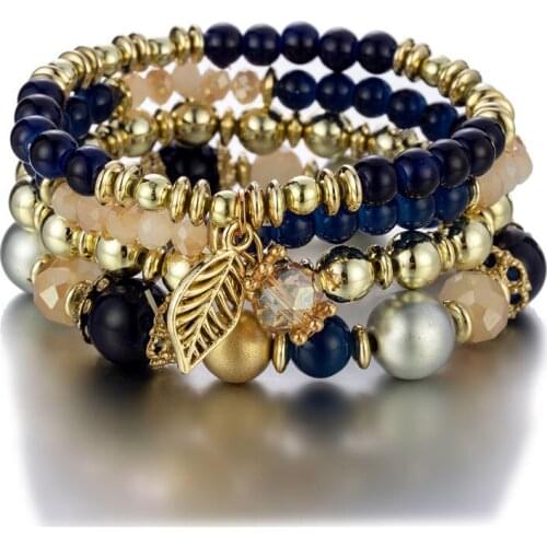 Boho Warp Charm Golden Alloy Leaf Pendant Multilayer Acrylic Glass Beaded Bracelets for Women Wedding Costume Jewery Accessories