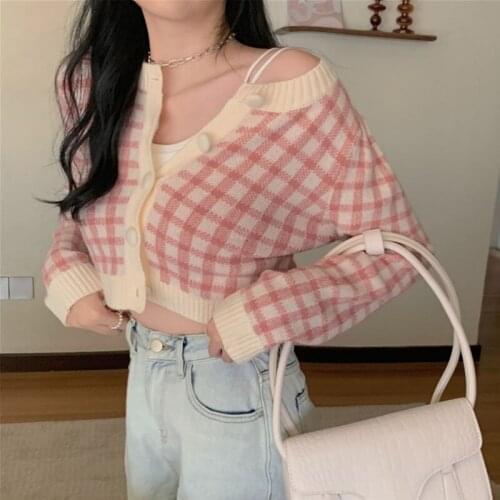 Plaid Sweaters Women Short Thin Korean Ins New Fashion Autumn Winter Cardigans Sweet 2021 Chaqueta Mujer