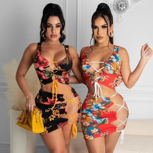 Sexy Floral Print Hollow Party Short Skirt Set Fashion Bandage Sleeveless Short Top 2021 Summer Womens Two Piece Sets