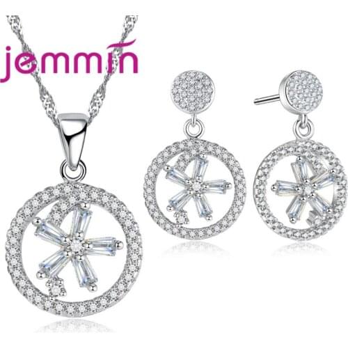 Round Shaped 925 Sterling Silver Jewelry sets Micro CZ Crystal Pave Pendant Necklace & Earrings For Women