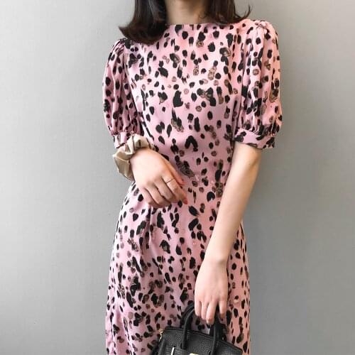 Summer Show Thin Sexy Leopard Print Long Dress New Korean Temperament Womens French Close Waist Fashion Bohemian A-Line Dress