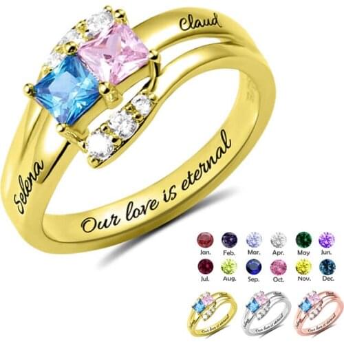 Custom Two Birthstone Ring Engraved Words For Women Girl Gift Birthday Anniversary Name Ring Personalized Stone Jewelry