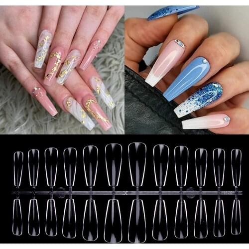 120Pcs Fake Nails Coffin Full Cover Tips Press On Gel Nail Capsules Art Display Traceless Natural/Clear Long Artificial Nails