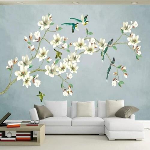Customized large 3D wallpaper murals now new Chinese hand-painted magnolia bird TV sofa bed head wall decorative mural