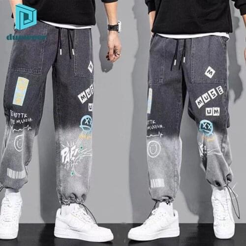 DUEWEER Mens Jeans Spring Autumn Graffiti Casual Trousers Streetwear Men Loose Hip Hop Harajuku Baggy Cargo Harem Denim Pants