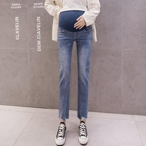 Pregnant womens cigarette tube jeans autumn and winter loose pregnant women jeans tide mothers ripped thin pants